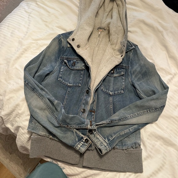 Free People - Blue Denim Jacket with attached Gray Hoodie - Picture 2 of 4